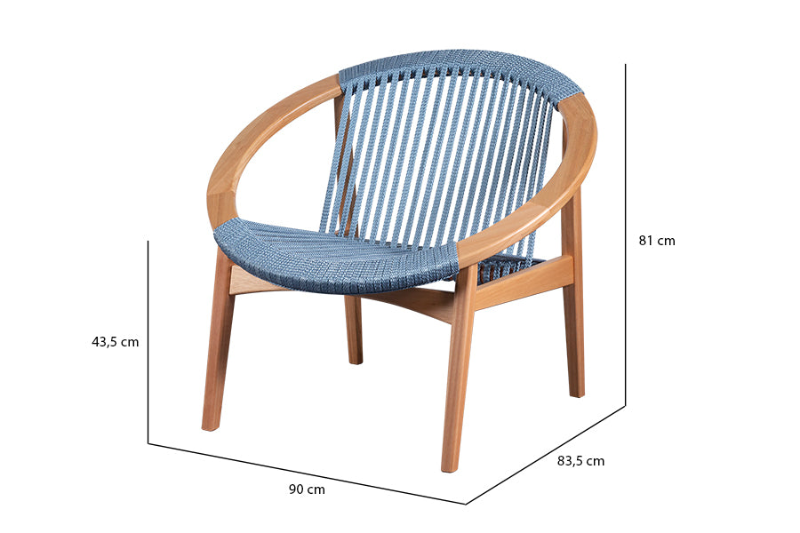Poltrona Cônica Natural  e Corda Azul vista em perspectiva com medidas