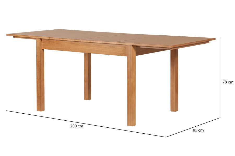 Mesa de Jantar Extensível Euro Nozes no fundo branco vista em perspectiva com dois extensores e medidas